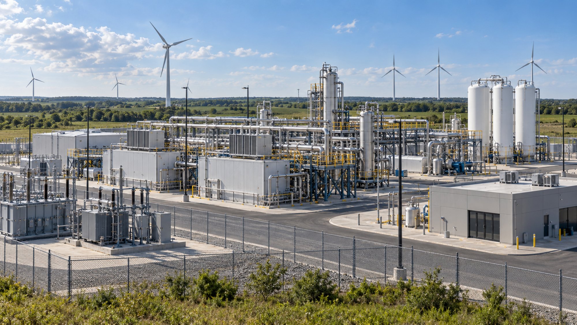 Gas processing plant with pressure vessels, piping and a substation, wind turbines on the horizon